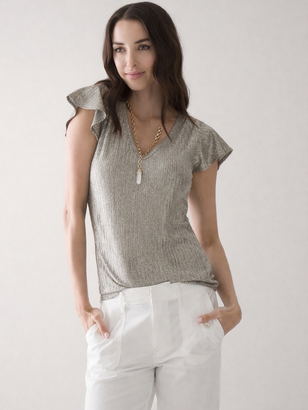 White House Black Market Metallic Knit Top Silver Flutter Sleeve V Neck Size L